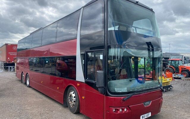 Front view of double deck bus