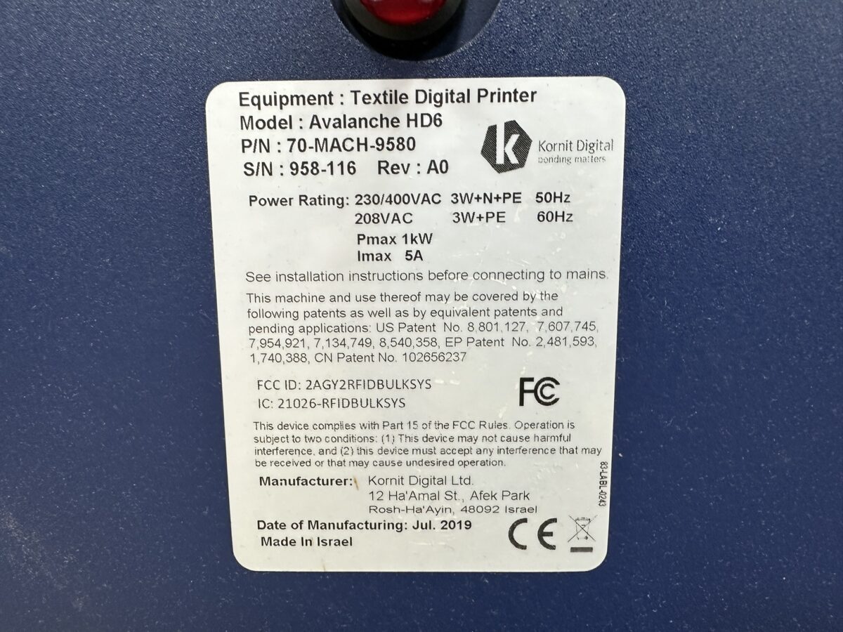 Kornit Avalanche Printer Power Supply Details